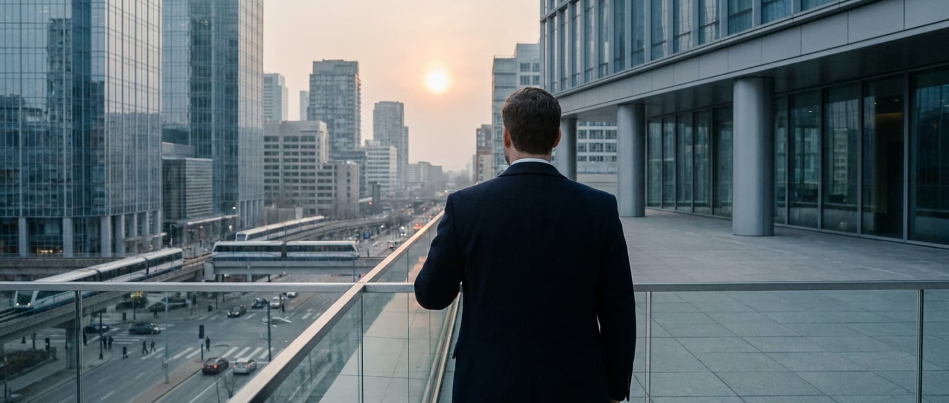 An executive seen from behind, looking out over a city business district at dusk.