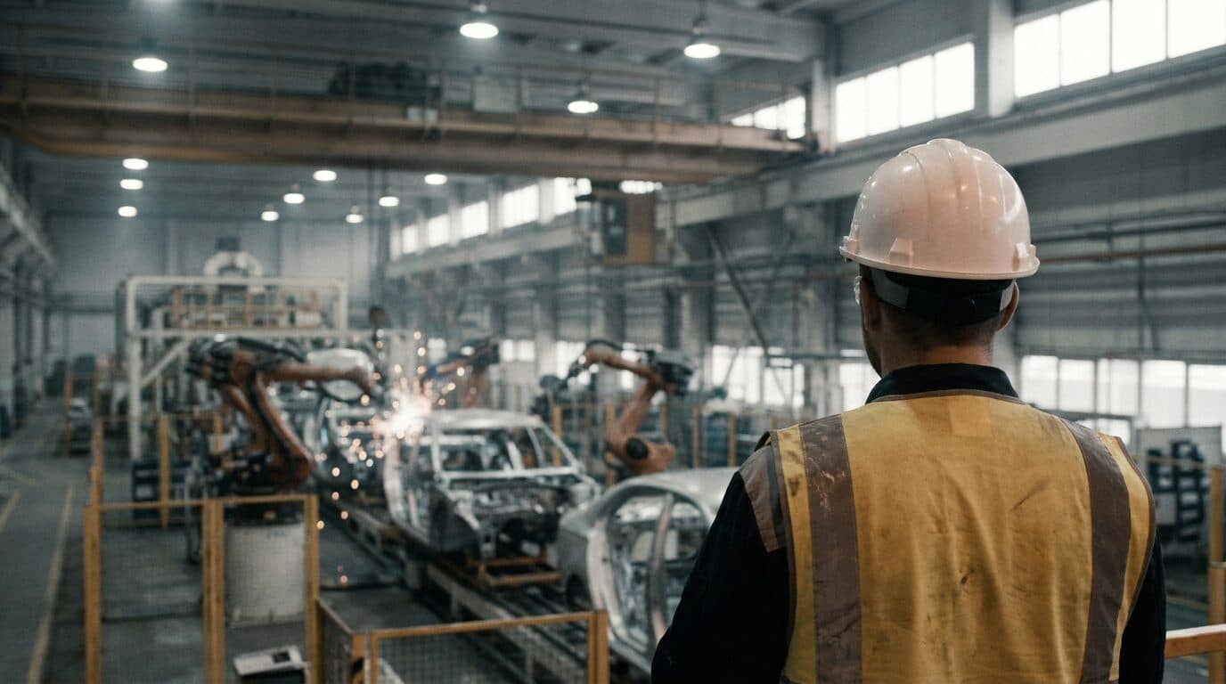 An engineer on the floor of an automotive manufacturing plant.