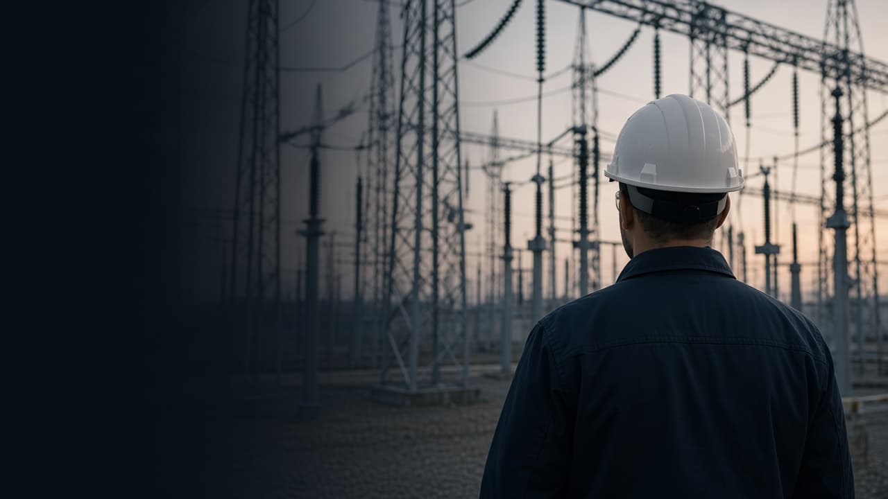 A grid engineer in a hard hat looking out over a high-voltage substation at dusk.