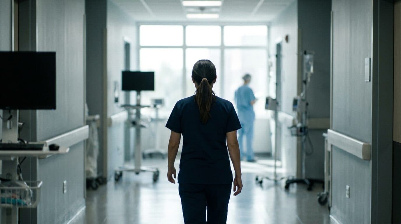 A clinician walking through a hospital corridor.