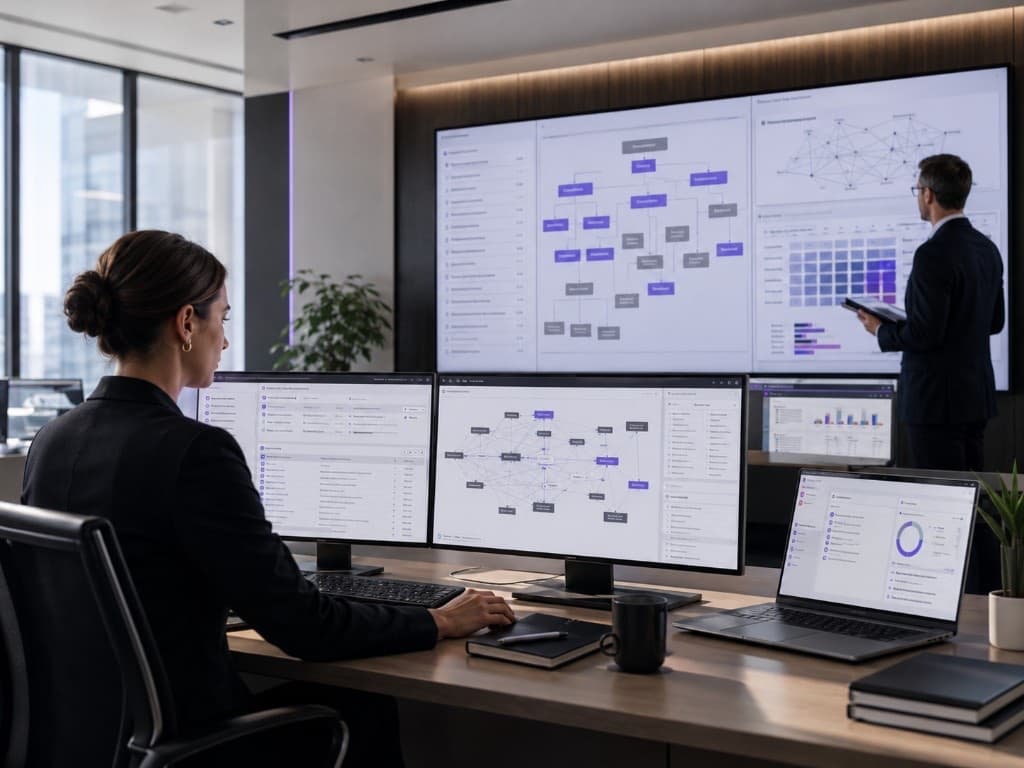 A sales operations team at their desks with pipeline dashboards on large screens.