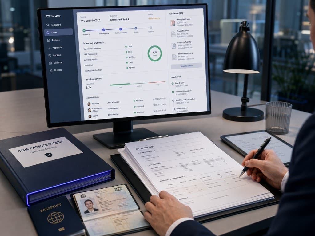 A compliance officer reviewing a KYC case on screen with identity documents and an evidence dossier on the desk.